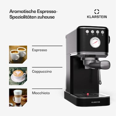 Кавоварка рожкова Klarstein SteelPresso Slim, 20 Бар, 1350 Вт, 1,2 л, парова насадка, нержавіюча сталь, компактна, легке очищення, чорна