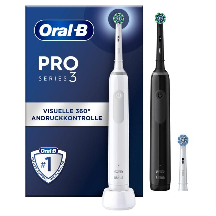 Електричні зубні щітки Oral-B Pro 3 3900, набір з 2 шт. та 3 змінними насадками, 3 режими чищення, 360° контроль тиску, White/Black