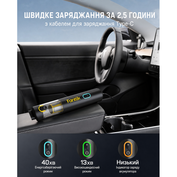 Потужний акумуляторний автопилосос Fanttik Slim V8 Apex, 19000 Па, 45 AW, RobustClean™, 4-в-1, міні-насос, портативний пилосос для авто і дому, чорний