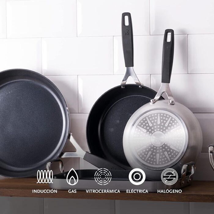 Набір сковорідок MasterPro Smart: 3 шт. (20, 24, 28 см), вок 28 см, 4 захисні чохли, кований алюміній, антипригарне покриття, ергономічні ручки
