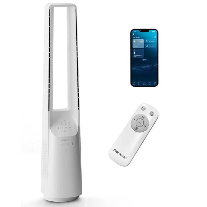 Вентилятор без лопатей Pro Breeze 101 см з LED дисплеєм, 6 швидкостей, 5 режимів, авто-коливання 60°, таймер 7 годин, управління через додаток та пульт, білий