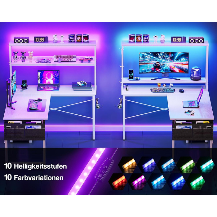 Ігровий стіл Coleshome L-подібної форми з LED підсвічуванням та розетками, 110x80 см. Реверсивний стіл з полицями для зберігання, ігровий кутовий стіл з сумкою для дому та геймінгу.