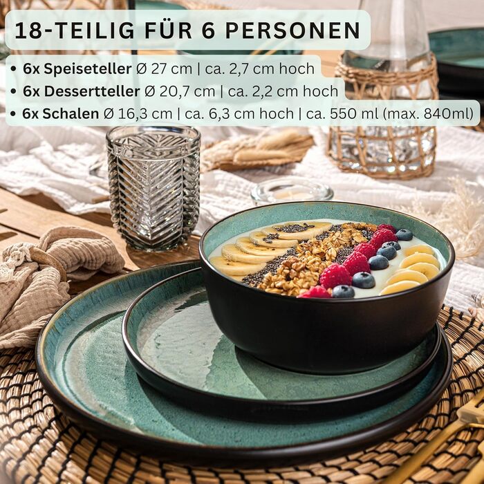 Набір мисок Sänger Fiji, 6 шт, кераміка, 550 мл, темно-зелені, для мюслі та десертів, підходять для мікрохвильової печі та посудомийної машини, стійкі до подряпин
