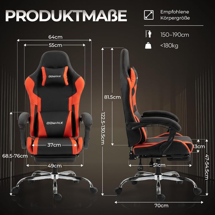 Ігрове крісло Dowinx Ergonomic Gaming Chair з підножкою, навантаження до 150 кг, регульовані підлокітники, офісне крісло для ПК, червоне