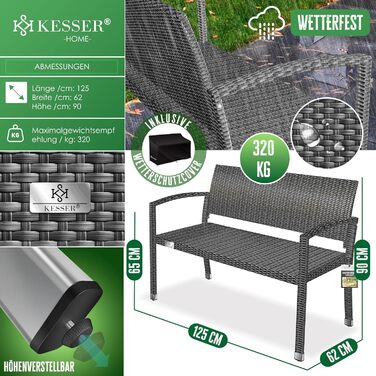 Садовий диван KESSER® з ротангу на 2 особи, вологостійкий, 125x62x90 см | Знімний чохол, ергономічні підлокітники, до 320 кг, антрацит