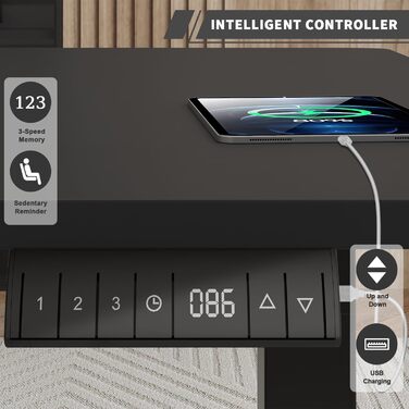 Регульований стіл JUMMICO 140 x 70 см з кабельною коробкою, електричний, з USB-роз'ємом, комп'ютерний, ергономічний, чорний