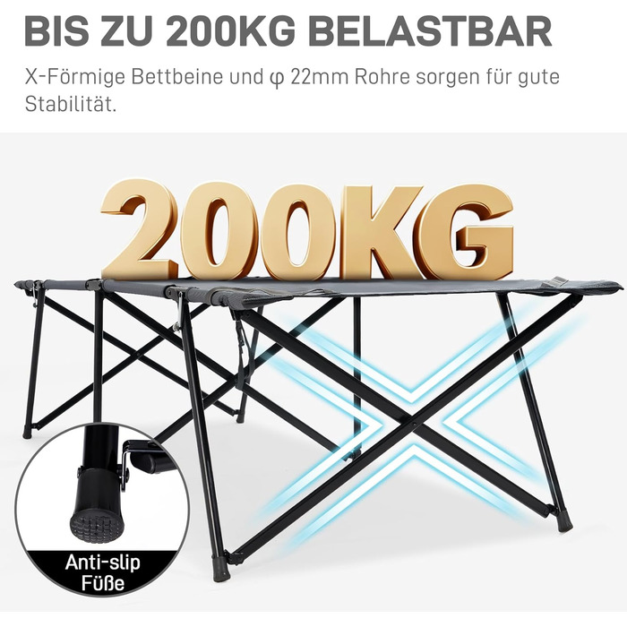 Складане польове ліжко EVER ADVANCED XXL для кемпінгу, 200 кг, 214x79x50 см, з бічною кишенею, стійке та портативне для відпочинку, подорожей, саду, вулиці та дому