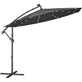 Парасолька SONGMICS з LED-сонячним підсвічуванням, 300 см, 32 LED, з підставкою, сонцезахист UPF 50+, для балкона, тераси, саду, сіра