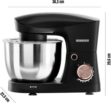 Кухонна машина Heinrichs 1500W з місткою чашею 6L з нержавіючої сталі, 10 швидкостей, набір насадок (міксер, гак для тіста, вінчик)