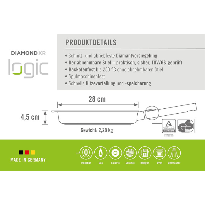 Гриль-сковорода Woll Diamond Logic XR Pro 28×28 см з антипригарним покриттям, рифленим дном, індукційна, знімна ручка, для всіх плит
