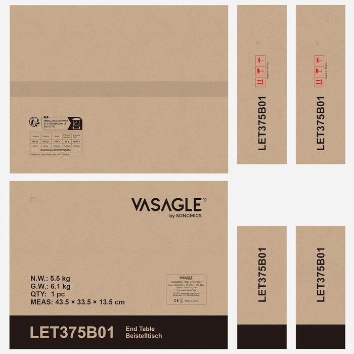 VASAGLE приліжковий столик з розетками та USB, вузький, 30x34x58 см, горіхово-коричневий/чорний, для вітальні і спальні