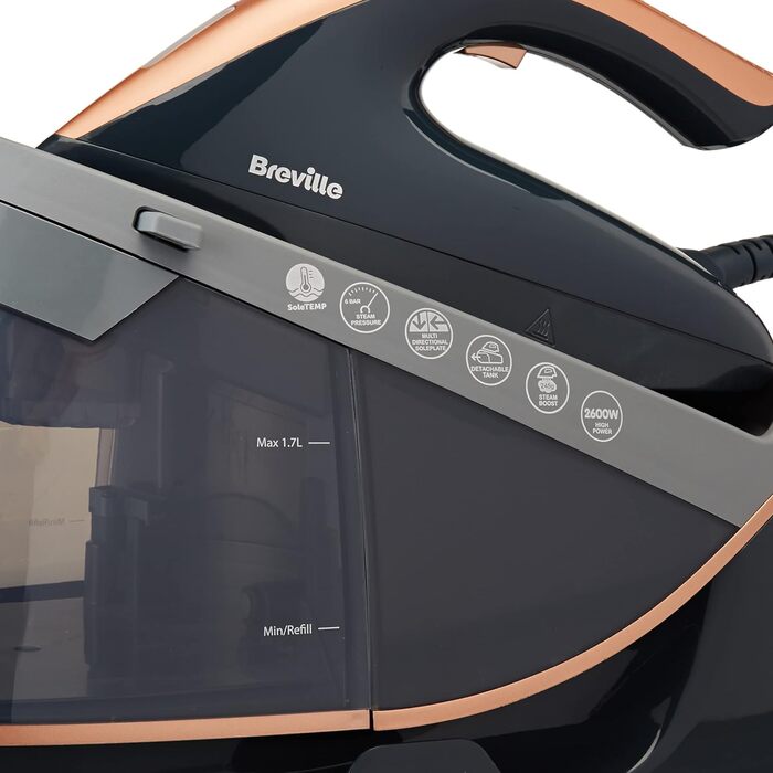 Парова праска-станція Breville PressXpress soleTEMP 2600 Вт, постійна подача пари 115 г/хв, багатонаправлена підошва, знімний резервуар 1,7 л, сіра з рожевим золотом