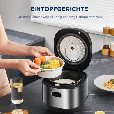 Мультиварка Midea Reiskocher 5 л: рис, суп, тушкування, повільне приготування, 11 програм, таймер, аксесуари, чорний/срібний