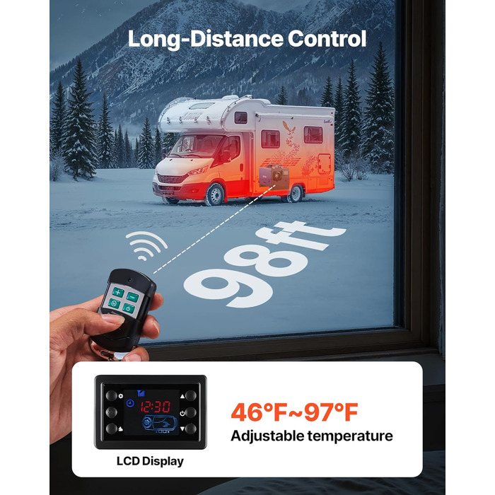 Дизельний обігрівач VEVOR 8 кВт, 12/24 В, портативний, з пультом ДУ та LCD, низький шум, бак 4,5 л для автодому/Вантажівки