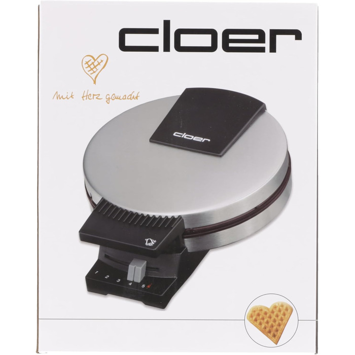 Вафельниця Cloer 189 для серцевидних вафель, подвійне антипригарне покриття, 930 Вт, діаметр 16 см, важкі пекарські пластини, звуковий і світловий сигнал, корпус із нержавіючої сталі