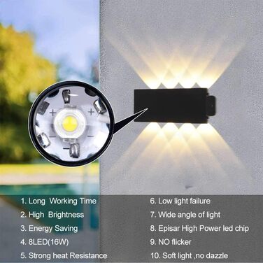 Світильник настінний LED Lightsjoy 16Вт, чорний, для внутрішнього та зовнішнього використання, сучасний дизайн, IP65, водонепроникний, алюмінієвий корпус, освітлення для сходів, вітальні, спальні, коридору, тепле біле світло
