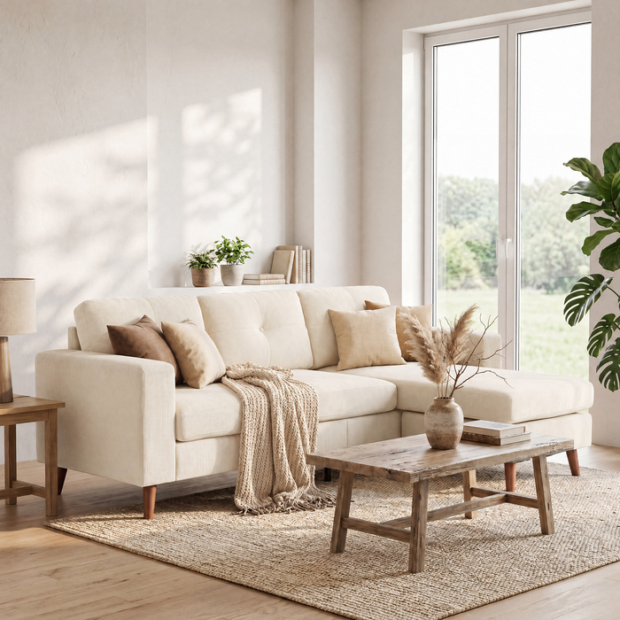 Кутовий диван Ecksofa (192 см), 3-місний, з реверсивним шезлонгом, велюр-кордуロイ, для маленьких кімнат, кремово-білий