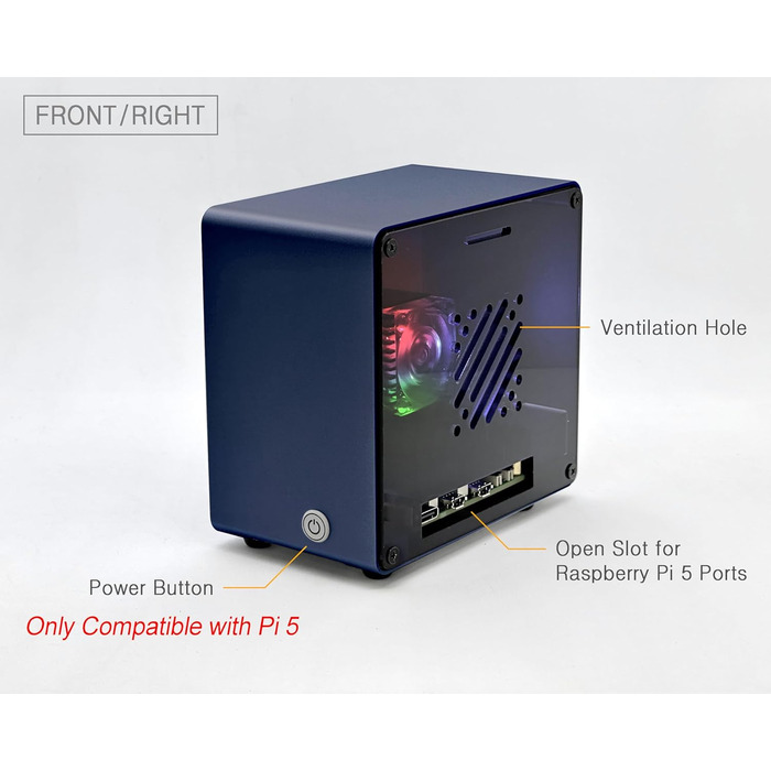 Алюмінієвий корпус ElectroCookie Mini Tower для Raspberry Pi 5 з вентилятором і змінним підсвічуванням (синій)