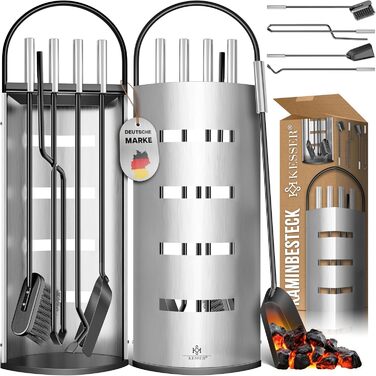 Набір камінне приладдя KESSER® 5 предметів | Сучасний дизайн, з покриттям, високоякісна камінна гарнітура | Besen, Schaufel, Schürhaken, Zange, Ständer mit Sichtschutz Edelstahl (Silver)