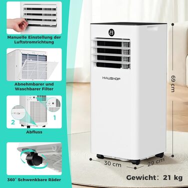 Мобільний кондиціонер HAUSHOF 9000 BTU 4-в-1: охолодження, осушення, вентиляція, нічний режим – для кімнат до 30 м² з комплектом ущільнювачів для вікна