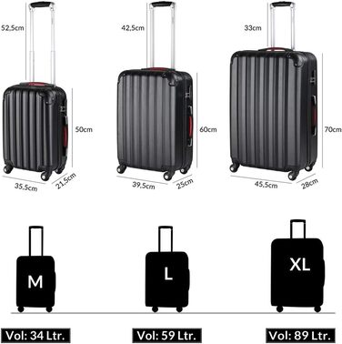 Набір валіз Monzana Baseline 3шт, жорсткий корпус, розміри M-L-XL, чорний, з ручками, 4 колеса, замок, захист кутів, стійкі ніжки, дорожній чемодан на колесах