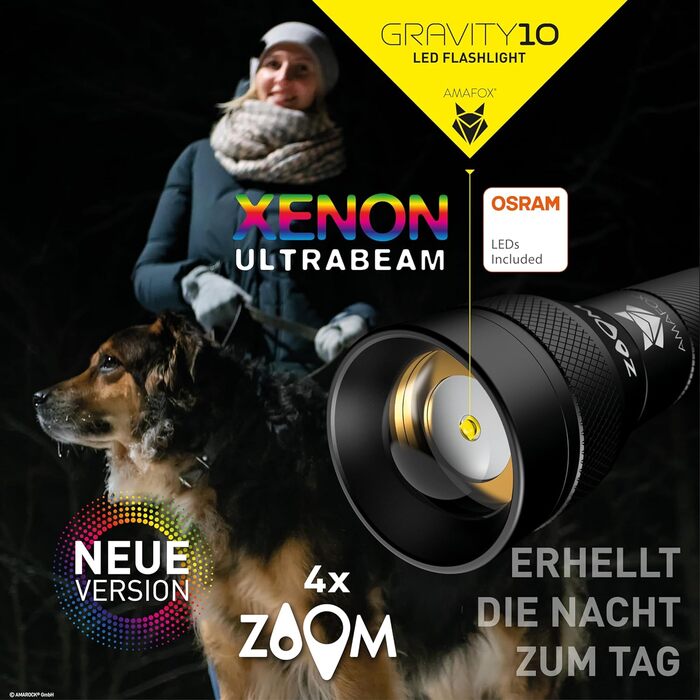 Ліхтарик AMAFOX G10-1000 люмен OSRAM XENON Power-LED, надяскравий, з регулюванням яскравості та зумом, працює на 4x AA батарейках