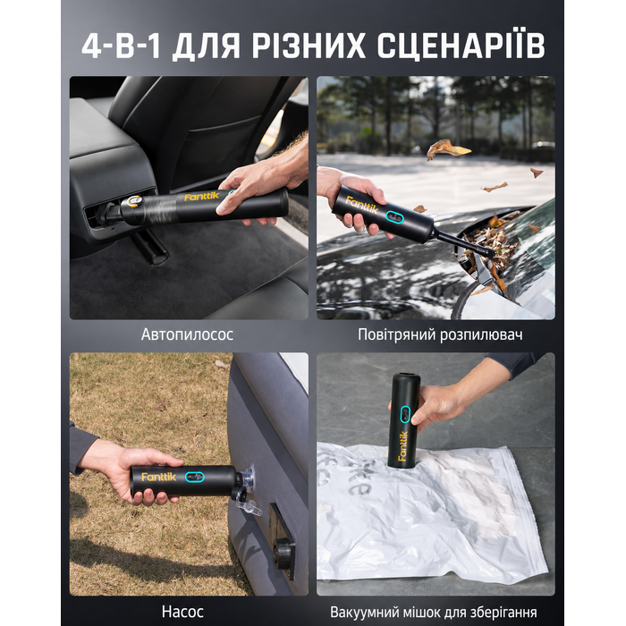 Потужний акумуляторний автопилосос Fanttik Slim V8 Apex, 19000 Па, 45 AW, RobustClean™, 4-в-1, міні-насос, портативний пилосос для авто і дому, чорний