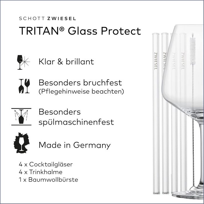 Набір коктейльних келихів SCHOTT ZWIESEL After Work Drinks: 4 склянки з Tritan-кришталю, 4 скляні трубочки та щітка для чищення, стійкі до миття в посудомийній машині, Made in Germany