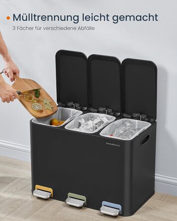 Сортувальний смітник SONGMICS HOME для кухні, 3×15 л, з кришками, кольоровими педалями та внутрішніми контейнерами, чорний сталь