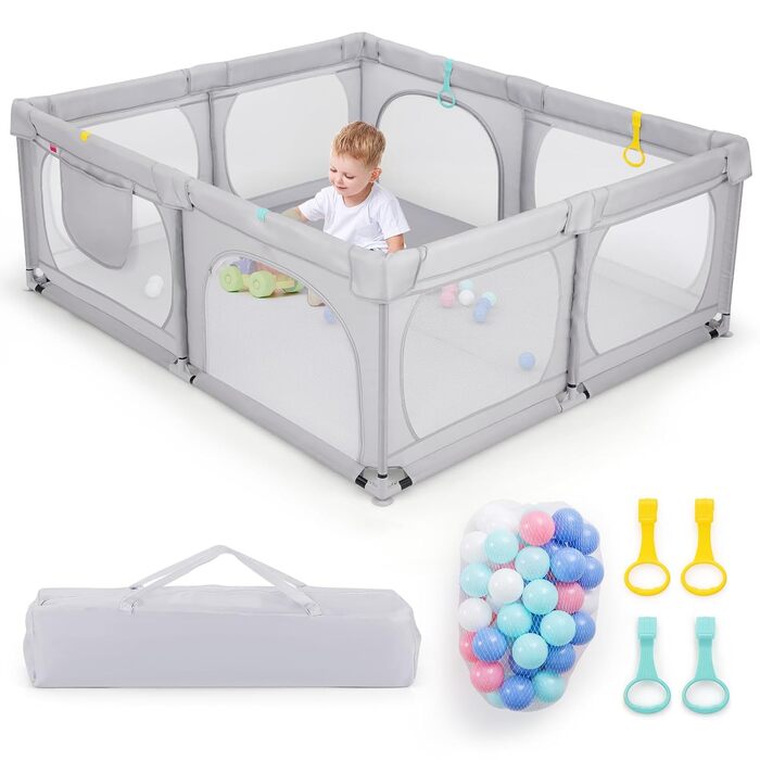 Манеж для немовлят COSTWAY 189x158 см з 50 кульками, 4 кільцями, 4 дверцятами на блискавці, дихаюча сітка, без матраца, світло-сірий