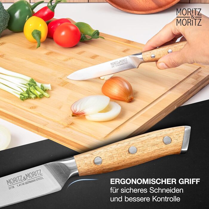 Професійний кухонний ніж Moritz & Moritz 20 см з дамаської сталі 67 шарів - ніж шеф-кухаря з ергономічною ручкою з акації