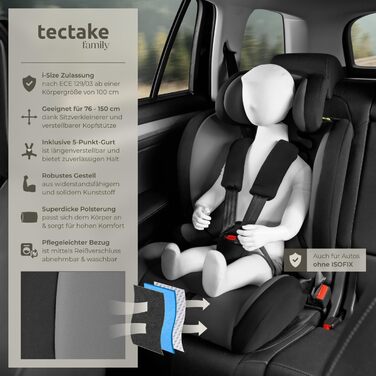 Автокрісло Tectake з 5-точковим ременем, i-Size, бічний захист, для дітей 76-150 см (до 36 кг), бустер, темно-сірий/чорний