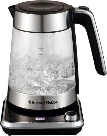 Скляний електрочайник Russell Hobbs Attentiv 26200-70 з регулюванням температури (40-100°C), ситом для чаю, цифровим керуванням та функцією підігріву, 1.7л, 2400Вт, нержавіюча сталь