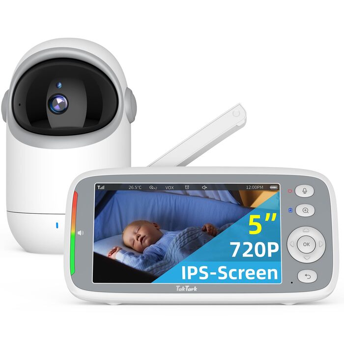 Відеоняня TakTark з камерою 5'' 720P IPS, поворот Pan-Tilt 300°, двосторонній зв'язок, нічний режим та моніторинг температури, VOX