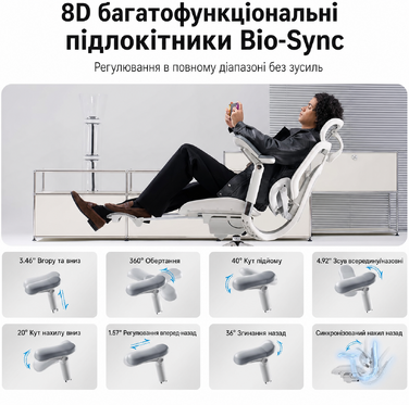 Офісний стілець SIHOO Doro C300 V2 Pro: ергономічний, з дихаючою сіткою, регульованими підлокітниками 8D, підтримкою попереку та голови, регулюванням глибини сидіння та нахилу - білий