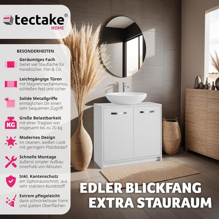 Шафа під умивальник tectake, білий меблевий тумба для ванної та WC, шафа під раковину, тумба для умивальника, меблі для ванної кімнати