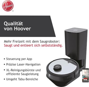 Робот-пилосос Hoover HG5 з лазерною навігацією, автоматичним очищенням, станцією для збору пилу, керуванням через додаток, складанням карт та розкладом прибирання, сенсорами перешкод, самостійним спорожненням і зарядною станцією [HG550DP]