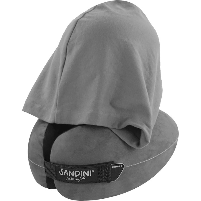 Подушка для подорожей SANDINI TravelFix Hoodie з ергономічною підтримкою шиї та капюшоном, преміум велюр, антрацит, чохол у комплекті