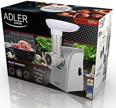 М'ясорубка Adler AD 4808, 350 Вт, 1500Вт макс, нержавіюча сталь 18/8, сіра