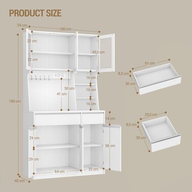 Кухонна шафа-комод Hzuaneri з LED-підсвіткою та розетками, білий, 40 x 100 x 180 см, з робочою поверхнею та 2 шухлядами, PT00103XEU