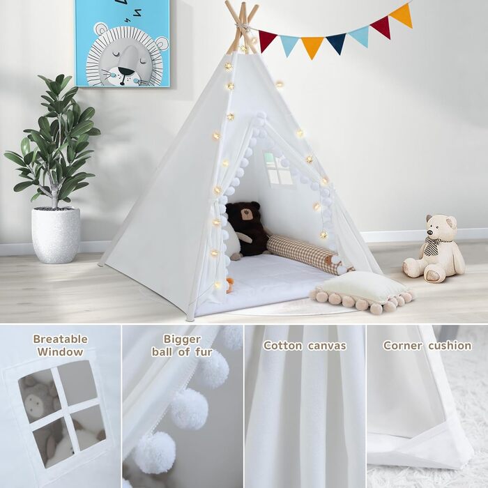 Дитяче намет Tipi з м'якою матрацом, бавовна, канвас. Намет Tipi для дітей з гірляндою зірочок, сумкою, прапорцем (білий)