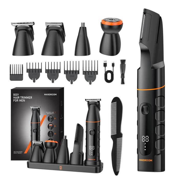Електричний тример для чоловіків Intimrasierer MAXGROOM 5-в-1: для інтимної зони, тіла, бороди, пахв, водонепроникний, з док-станцією, чорний