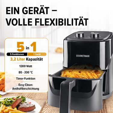 Аерофритюрниця GOURMETmaxx 3.1Л, 1350 Вт: мультифункціональна фритюрниця без олії з 6 програмами, таймером на 60 хв та функціями розморожування та підігріву