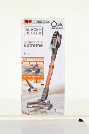 Акумуляторний пилосос BLACK+DECKER 4в1 18В 2.0Аг, безмішковий, для підлоги та ручний, з електрощіткою, бездротовий, комплект з насадкою для щілин, акумулятором, зарядним пристроєм і настінним кріпленням, Titanium/Orange