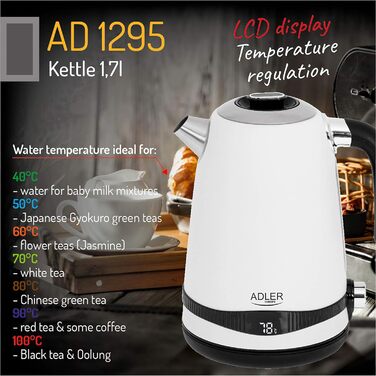 Електрочайник Adler AD 1295W, 1,7 л, нерж. сталь, білий сатин, LCD-дисплей, регулювання температури