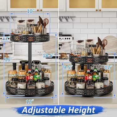 Органайзер Lazy Susan з 2 ярусами, обертовий металевий піднос 30,5 см, регульований, чорний, для спецій, кухні, шафи, ванної