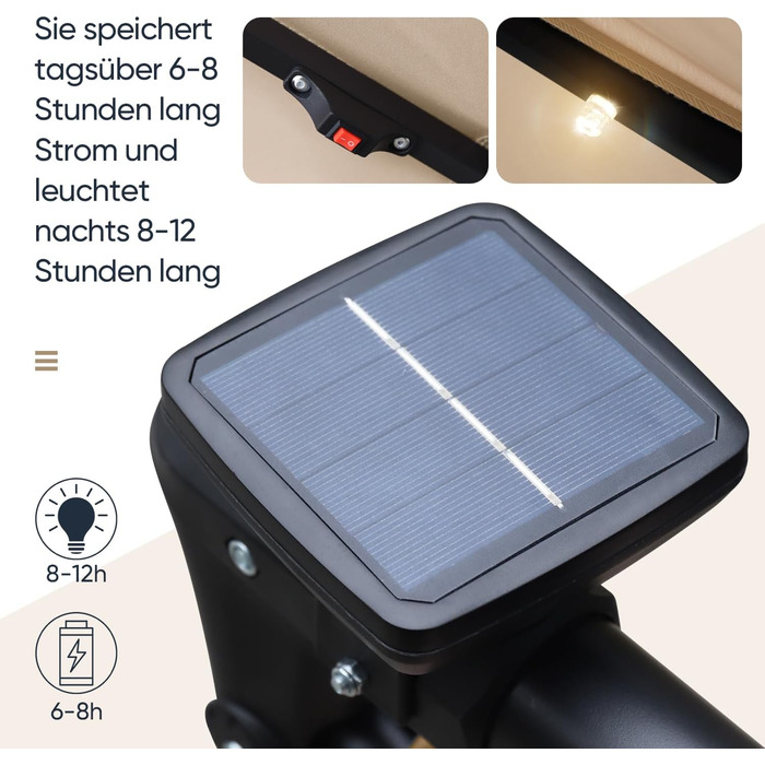 Сонячна LED парасоля Sekey 300 см, ампельна, з УФ-захистом 50+, на сонячних батареях, міцна для саду, кольору тауп