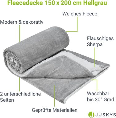Плед Juskys з флісу та шерпи 150x200 см, пухнастий, теплий, праний, для ліжка та дивана, денний, ковдра-плед, світло-сірий