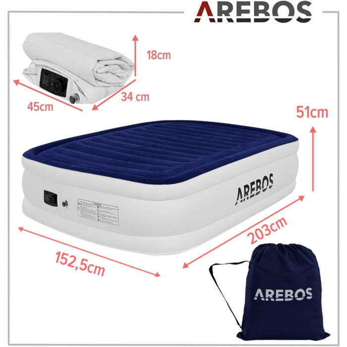Надувний матрац Arebos 203×152,5×51 см для двох з електричною помпою, синьо-білий, для дому та кемпінгу, з сумкою