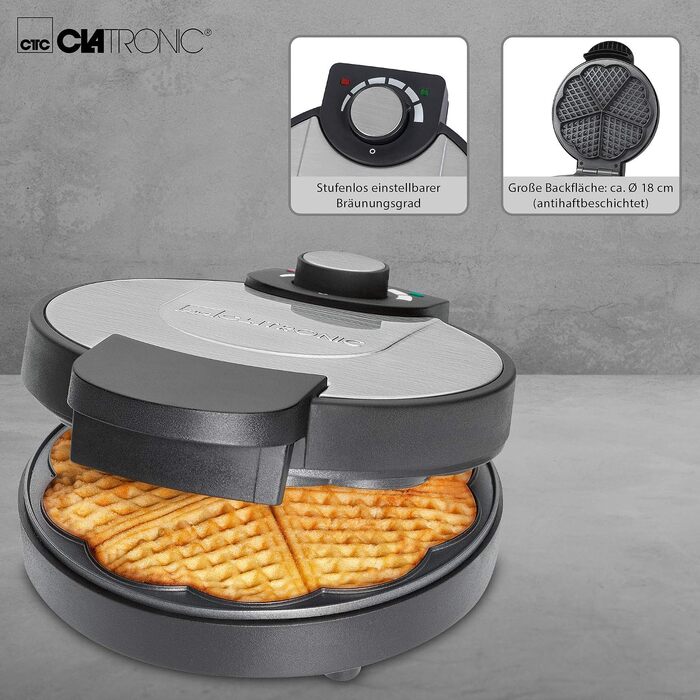 Вафельниця Clatronic WA 3492, антипригарне покриття, 1000 Вт, регулювання ступеня прожарювання, корпус із нержавіючої сталі, Ø 18 см
